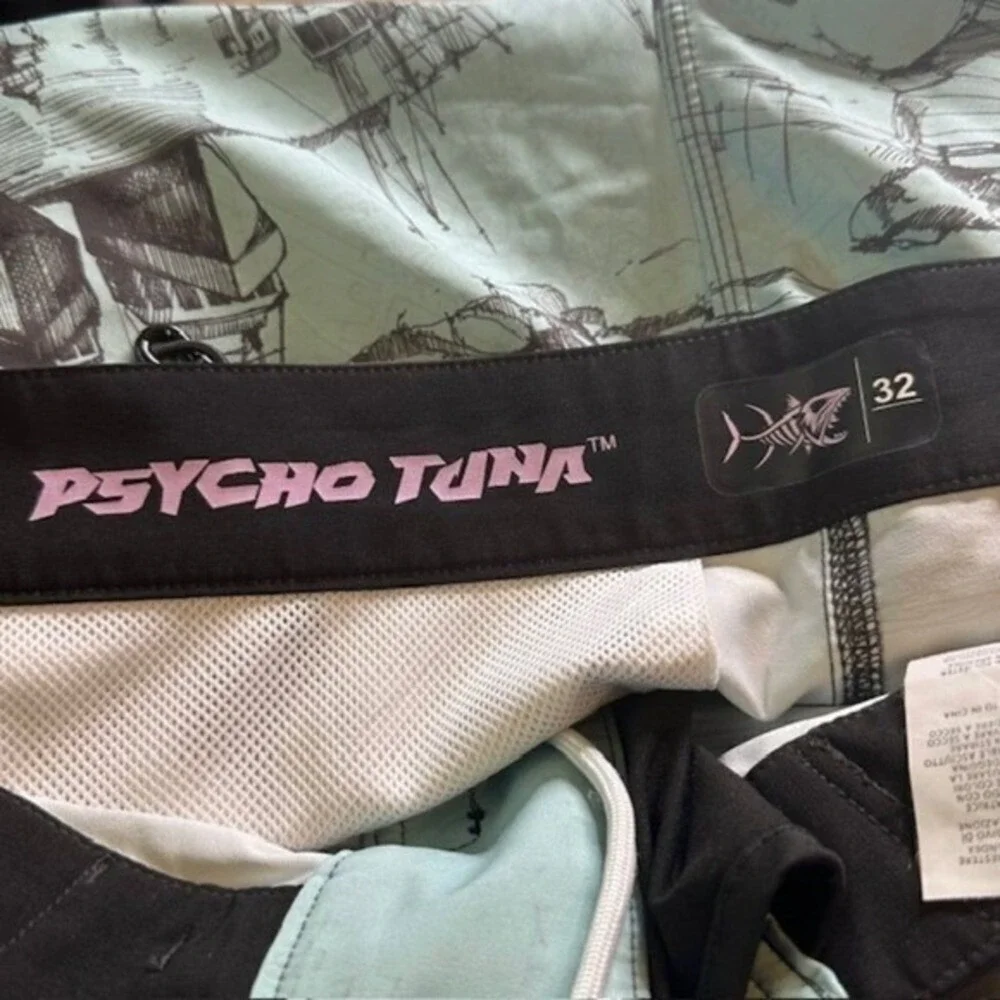 Psycho Tuna Mens Nautical Sketch Board‎ Shorts Seafoam Green 4-Way Stretch 32